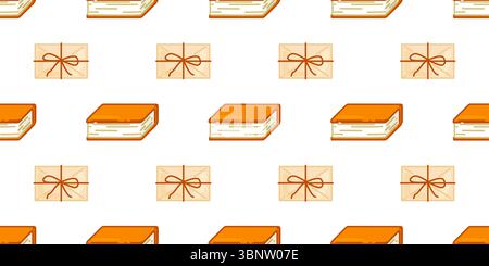 Seamless Book Letter Pattern. Seamless pattern with cartoon books and letters tied with string in warm colors. Flat style illustration on white backgr Stock Vector