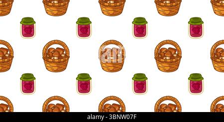 Autumn Harvest Basket Jam Pattern. Seamless pattern with cartoon mushroom baskets and jars of berry jam in warm autumn colors. Flat style illustration Stock Vector