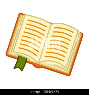Cartoon Open Book Illustration. Cartoon open book with orange cover and green bookmark, isolated on white background. Flat style illustration. Stock Vector
