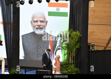 Couva, Trinidad- July 3, 2025- The Prime Minister of India, Narendra Modi, leaving the stage at a community diaspora event during a state visit to T&T Stock Photo