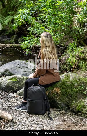 A Contemplative Hiker Enjoying the Beauty of Nature While Sitting by a Gentle Stream Stock Photo