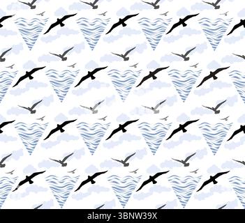 Seamless pattern with birds flying in the sky with clouds over sea waves. Nature sea view ornamental line drawn background Stock Vector