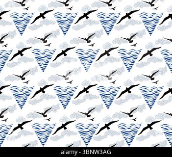 Seamless pattern with birds flying in the sky with clouds over sea waves. Nature sea view ornamental line drawn background Stock Vector