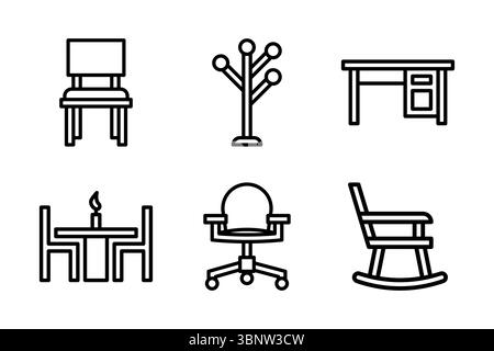 Icon set of utility and workspace furniture including desk, chair, dining table, office chair, rocking chair, and coat rack. Great for interior, offic Stock Vector