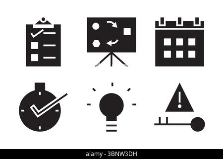 Planning and solutions icon set, including checklist, planning, schedule, on-time, idea, solution. Perfect for project management, productivity, brain Stock Vector