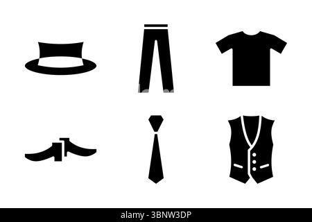 A formal clothing icon set including shirt, tie, vest, pants, shoes, and hat. Great for business, weddings, or wardrobe-related design elements. Stock Vector