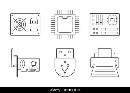 Icon set of tech components, including power supply, chip, motherboard, antenna, USB, printer. Perfect for electronics, tutorials, device manuals. Stock Vector