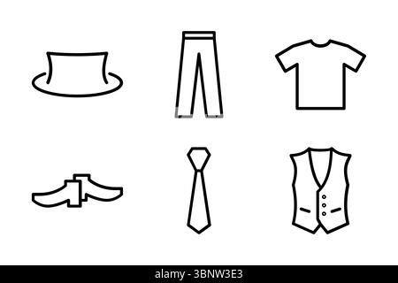 A formal clothing icon set including shirt, tie, vest, pants, shoes, and hat. Great for business, weddings, or wardrobe-related design elements. Stock Vector