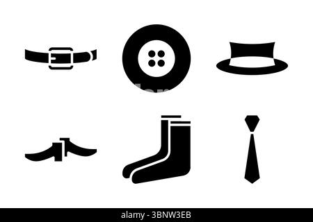 Glyph icon set of clothing accessories including belt, socks, shoes, tie, hat, and button. Great for fashion, e-commerce filters, and wardrobe content Stock Vector