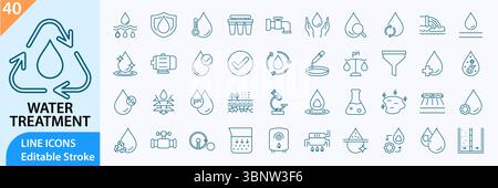 Water treatment icon set. Water treatment line icons. Containing water filter, purification and more. Vector icons collection. Vector illustration. Stock Vector