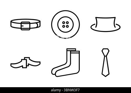 Line icon set of clothing accessories including belt, socks, shoes, tie, hat, and button. Great for fashion, e-commerce filters, and wardrobe content. Stock Vector