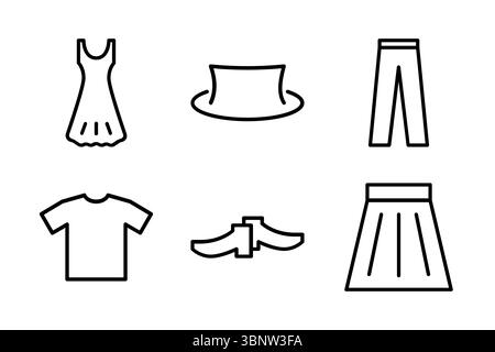 A set of six minimal line icons representing shirt, pants, skirt, dress, shoes, and hat. Perfect for fashion, UI design, and clothing-related content. Stock Vector