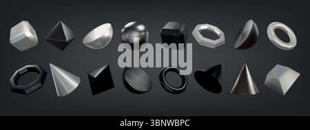 3d abstract shapes. Geometric ball element, steel sphere figure or isolated geometry ring form. Dynamic black and silver, stripes and dots, modern cylinder and pyramid. Vector render isolated elements Stock Vector
