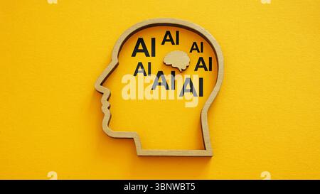 Head outline with brain and AI symbols representing artificial intelligence overload. Stock Photo
