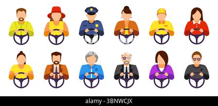Driver icons. Truck car drive. Woman or man person holding steering wheel. Driver profession. Female chauffeur. Auto race. Characters drive. Courier or policeman traffic. Human heads. Vector flat set Stock Vector