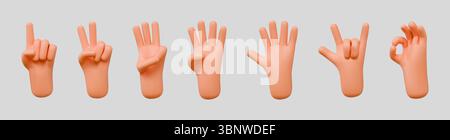 3D hands. Finger up. Number or character arm count. 1, 2, 3, 4, 5 index pointer. One, two, three steps. Forefinger show. Human plastic palm. Nonverbal communication. Vector cartoon render gestures set Stock Vector