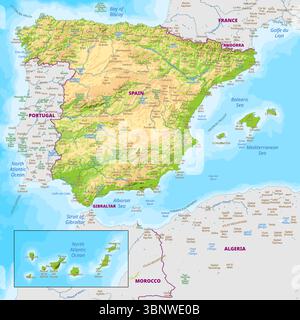 Detailed physical map of Spain Stock Vector