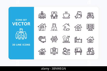 Remote work icons. Home workplace with computer. Office laptop. Freelance distance job. Online video conference meeting. Hybrid person workspace. Internet connection. House sign. Vector symbols set Stock Vector