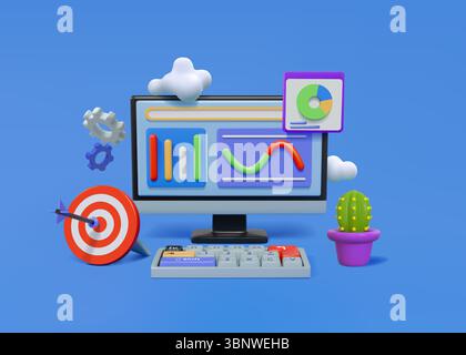 3D computer. SEO concept. Digital market in social media service. Analytics chart. Content strategy report. Browser interface. Render plastic monitor with keyboard. Business target. Vector background Stock Vector