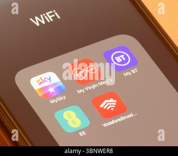 Wifi broadband providers apps on smartphone screen Stock Photo