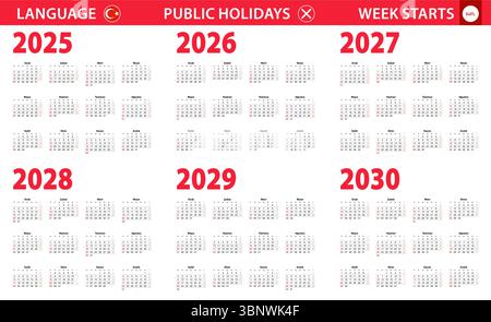 2025-2030 year calendar in Turkish language, week starts from Sunday. Vector calendar. Stock Vector