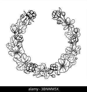 Monochrome cloudberry wreath with berries, flowers and leaves vector frame with empty space for text. Nordic berry etching drawing for wedding Stock Vector