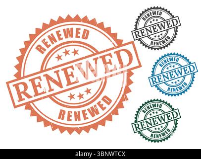 Renewed stamp vector graphic set in various colors for business and official document use case design Stock Vector