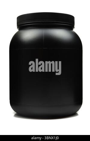Black whey container isolated on white background. Blank mockup plastic template package Stock Photo