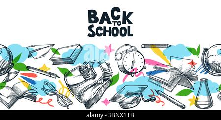 Seamless horizontal background with backpack, books, globe, pens, alarm clock, clouds, leaves. Back to school banner poster design. Vector sketch coll Stock Vector