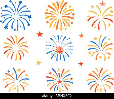 Collection of vibrant red blue and yellow fireworks in flat cartoon style. Isolated square icons for celebration and party decor. Stock vector illustr Stock Vector