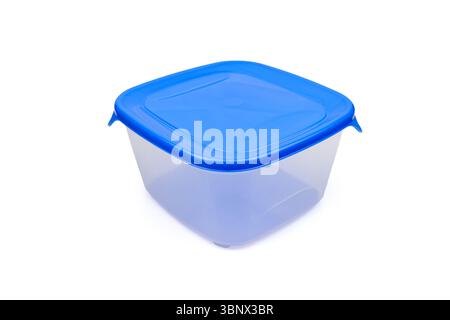 Empty plastic food container with blue lid isolated on white background Stock Photo