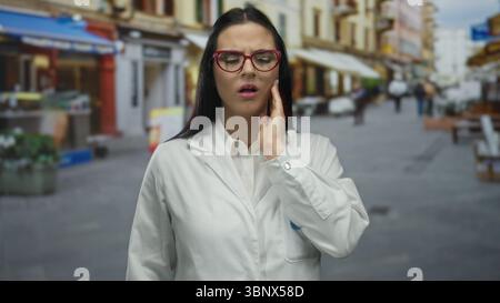 Hispanic woman in lab coat outdoors on street showing discomfort with toothache expression in urban setting, conveying pain and medical theme vividly. Stock Photo