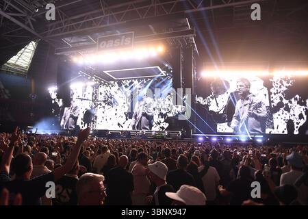Cardiff, UK. 04th July, 2025. CARDIFF, WALES - JULY 04: Oasis performing at Principality Stadium during the ‘Oasis Live '25' Tour on July 04, 2025 in Cardiff, Wales*SEE SPECIAL INSTRUCTION!* **Editorial Use only** **Only for publication up to 3 August** **Picture kill date 4 August 2025** CAP/MAR © MAR/Capital Pictures Credit: Capital Pictures/Alamy Live News Stock Photo