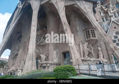 The Passion Facade on the Sagrada Familia in Barcelona, Spain. This facade shows the suffering, death, and resurrection of Jesus Christ. Stock Photo