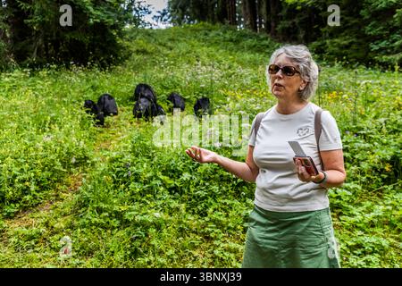 Claudia Häusler, curator of the Gerschnialp Land Art Trail, in front of Marco Nones' installation 'Seeds'. In front of the artwork 'Seeds' by artist Marco Nones, curator Claudia Häusler explains the theme of the land art exhibition: 'Outlook - Insight'. Gerschnialp, Engelberg, Obwalden, Switzerland Stock Photo