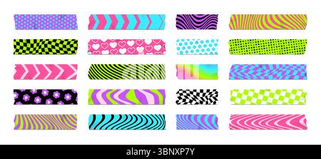 Adhesive color Y2K washi tape pieces of scrapbook paper scotch with patterns, vector sticker elements. Washi tape sticky strip pieces of ribbon of frame stripes with Y2K pattern of flowers and hearts Stock Vector