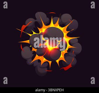 Bomb explosion blast effect for cartoon comic with boom clouds and fire smoke, vector explode. Nuclear bomb explosion explosive TNT dynamite boom with energy blast and bursting smoke clouds effect Stock Vector