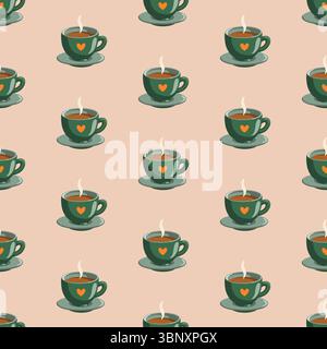 Seamless cozy autumn pattern with cartoon green tea or coffee cups and heart design. Fall season vector background. Stock Vector