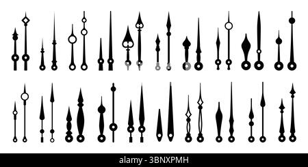 Isolated clock hands, time pointers, watch arrows. Vector monochrome elements set, essential components of analog clock in various shapes and sizes. Hour and minute hand pairs for accurate timekeeping Stock Vector