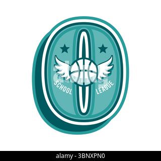 Varsity sport patch for basketball league or school team and university club, vector emblem. Varsity sport patch number 0 Zero and basketball ball on wings for college league team player shirt patch Stock Vector
