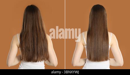 Hair combing, straightening. Woman showing hairstyle before and after different procedures on brown background, back view. Collage of photos Stock Photo
