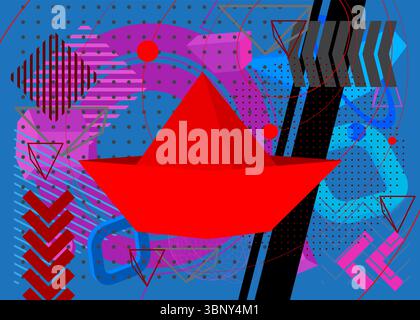 Paper ship geometrical graphic retro theme background. Minimal geometric elements. Vintage abstract shapes vector illustration. Stock Vector