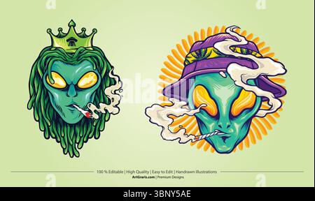 Alien characters smoking marijuana with crown and hat vector illustrations for your work logo, merchandise t-shirt, stickers and label designs, poster Stock Vector