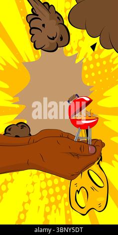 Cartoon, comic book human hands holding Burning wood in barbeque grill. Retro vector comics pop art design. Stock Vector