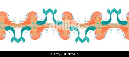 Seamless border with red haired mermaids in the center Stock Vector