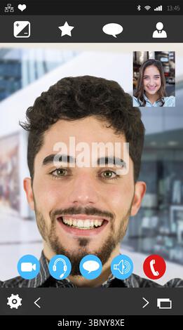 Flat design call interface showing smiling Hispanic man and inset woman with blurred mall and icons Stock Photo