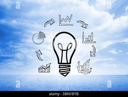 Light bulb icon is glowing in flat design scene with bright blue sky, clouds, chart icons Stock Photo