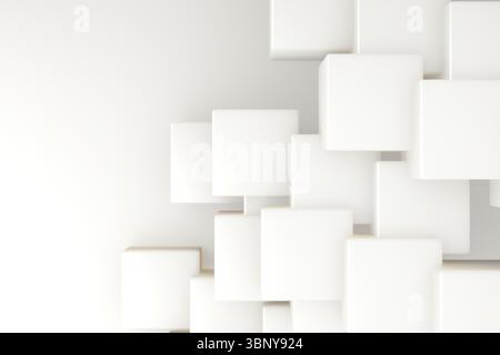 Overlapping white cubes are floating in 3D render style on light beige backdrop with soft shadows Stock Photo