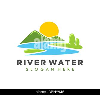 Mountain river icon of nature landscape with forest, hills and sun, vector emblem. Mountain river symbol of valley park with sunrise over fields for travel or farming and agriculture brand sign Stock Vector