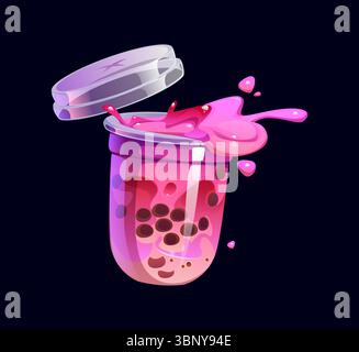 Cartoon milk bubble tea glass cup with splash of milkshake drink, vector dessert. Pink milk bubble tea or sweet beverage with boba pearls and fruit or berry flavor for milkshake or dessert drinks menu Stock Vector